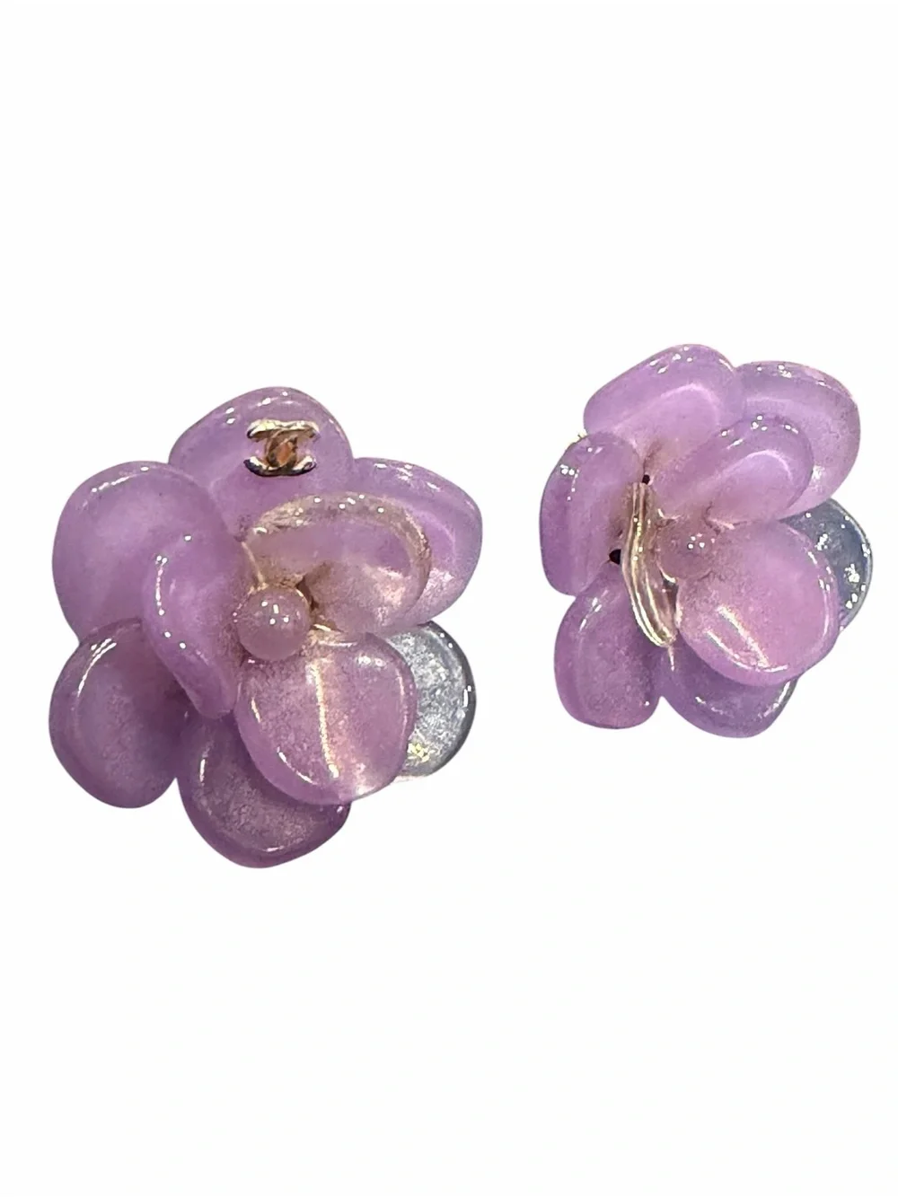 CHANEL Lavender Camellia Resin Clip-On Earrings with Gold CC Accent